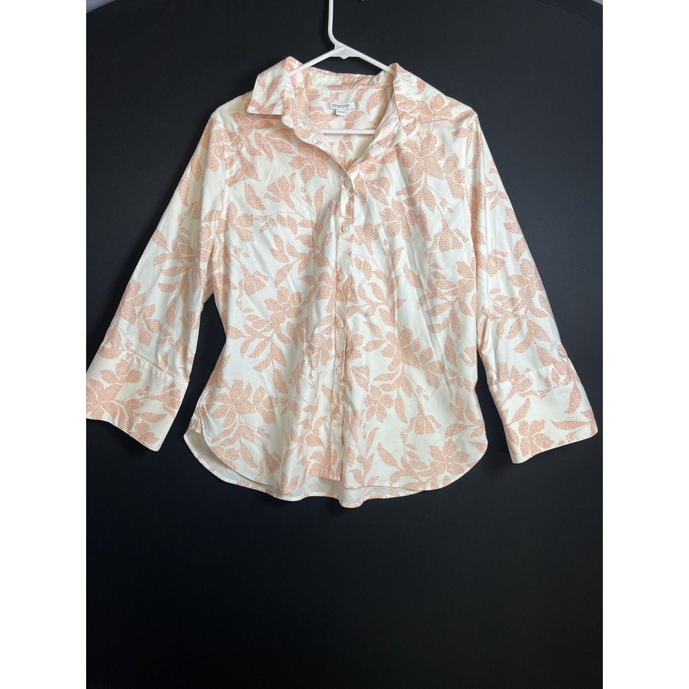 Chico's 3/4 Sleeve Floral Print Button-Up Top Size 2 Large